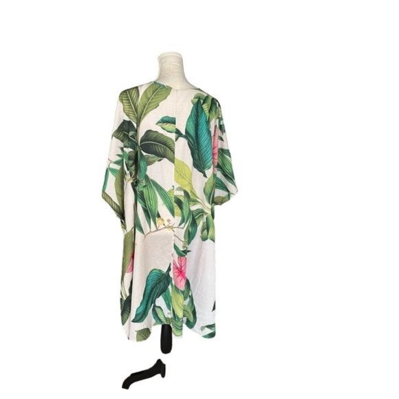 Tropical Leaf Print Kimono Cardigan 1XL/G1 Open Front Lightweight Cover-Up - Picture 2 of 8